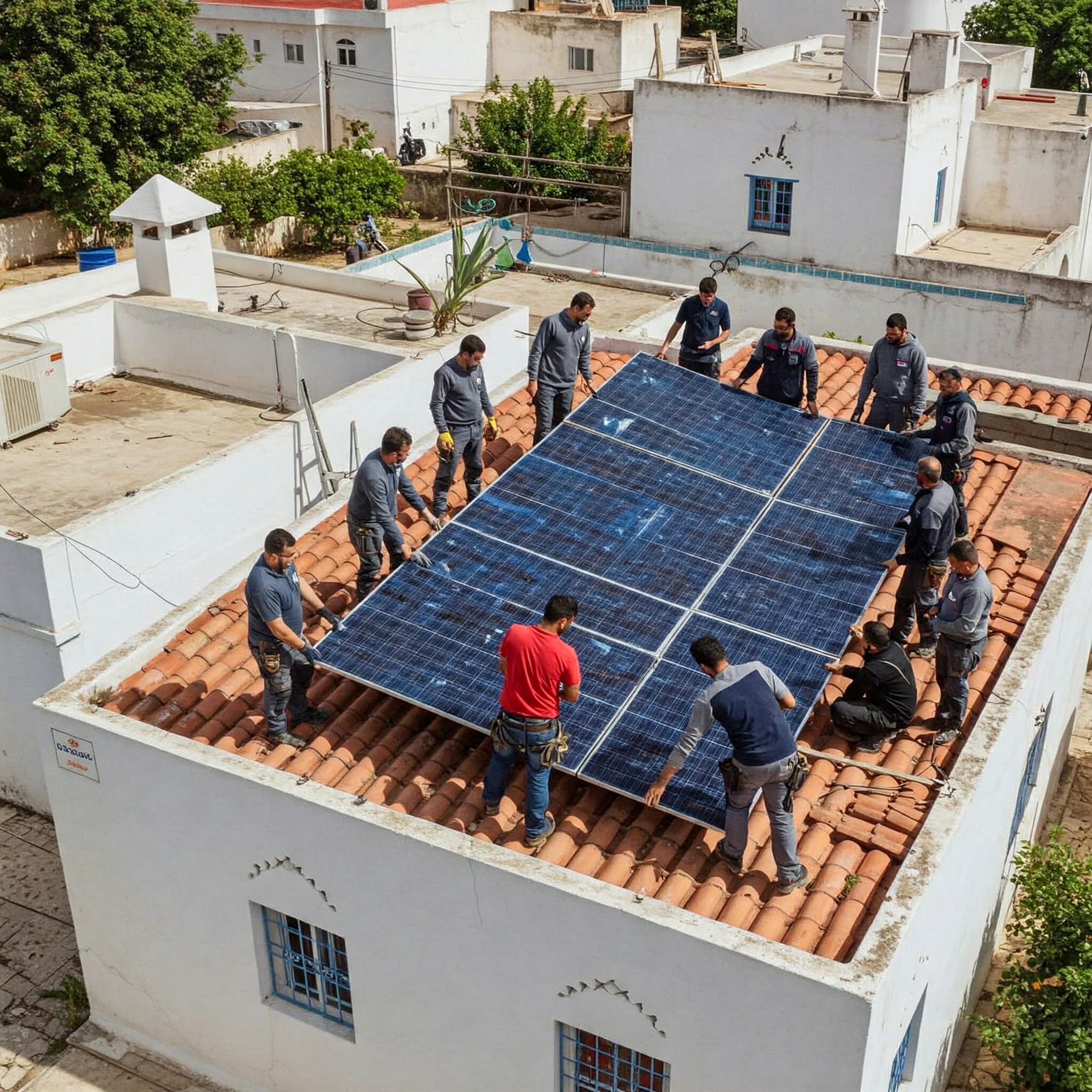 Techniciens solaires sur un toit