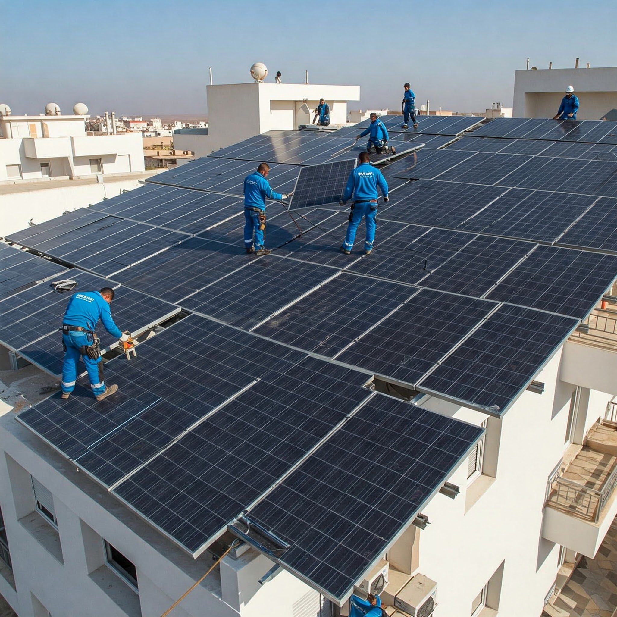 Équipe solaire sur toit blanc